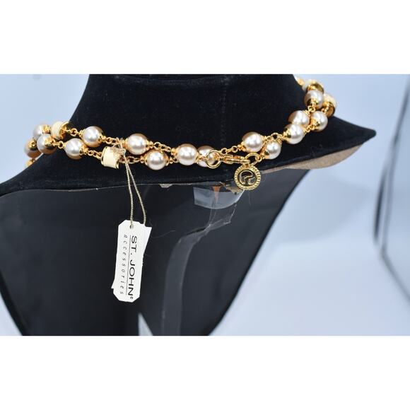 St. John Long Baroque Costume Enamel Pearl & Gold-Tone Link Necklace 45" NWT - Picture 4 of 6